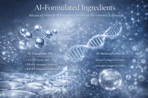 Luxury AI peptide serum technology diagram illustrating AI Tripeptide-29 and AI Heterophyllin B effects on skin firmness, elasticity, hydration, collagen, and anti-aging.
