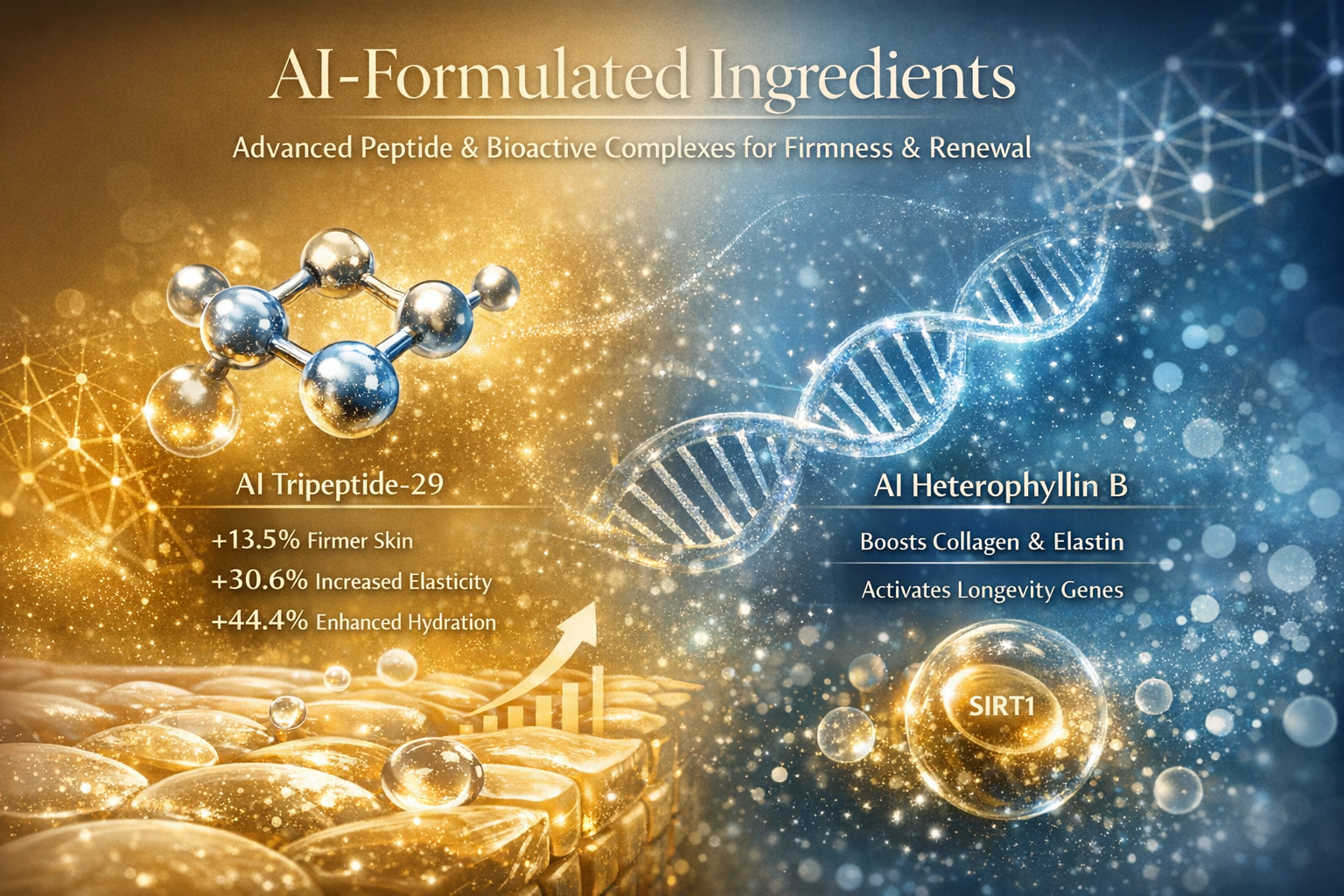 Luxury AI peptide serum technology diagram illustrating AI Tripeptide-29 and AI Heterophyllin B effects on skin firmness, elasticity, hydration, collagen, and anti-aging.