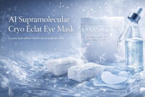 Premium freeze-dried eye mask image featuring AI Supramolecular Cryo Éclat Eye Mask, cryo-preserved peptides at -60°C, essence patch, and cooling serum for puffiness reduction, dark circle care, and under-eye rejuvenation.