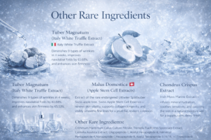 Rare skincare ingredients visual in cool blue and silver tones showing Tuber Magnatum white truffle extract, Malus Domestica apple stem cell extract, and Chondrus Crispus marine extract for wrinkle reduction, firmness, hydration, and skin rejuvenation.