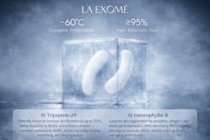 Luxury cryogenic eye mask image showing La Exomé freeze-dried eye patches preserved at -60°C with AI Tripeptide-29 and AI Heterophyllin B to boost firmness, elasticity, hydration, and cellular longevity.
