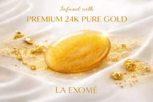 Premium 24K pure gold-infused skincare texture with shimmering gold particles on silk background, featuring La Exomé gold logo and luxury anti-aging formulation.