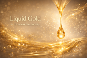 Horizontal banner illustration of golden liquid serum forming a radiant droplet, surrounded by shimmering sparkles and molecular structures, representing luxury anti-aging skincare and timeless luminosity.