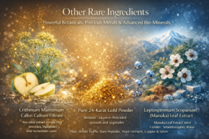 Luxury anti-aging skincare ingredients image showing AI-formulated peptides, rare botanicals, 24-karat gold, Manuka leaf extract, white truffle, copper, and silver enhancing skin radiance, firmness, hydration, and cellular renewal.