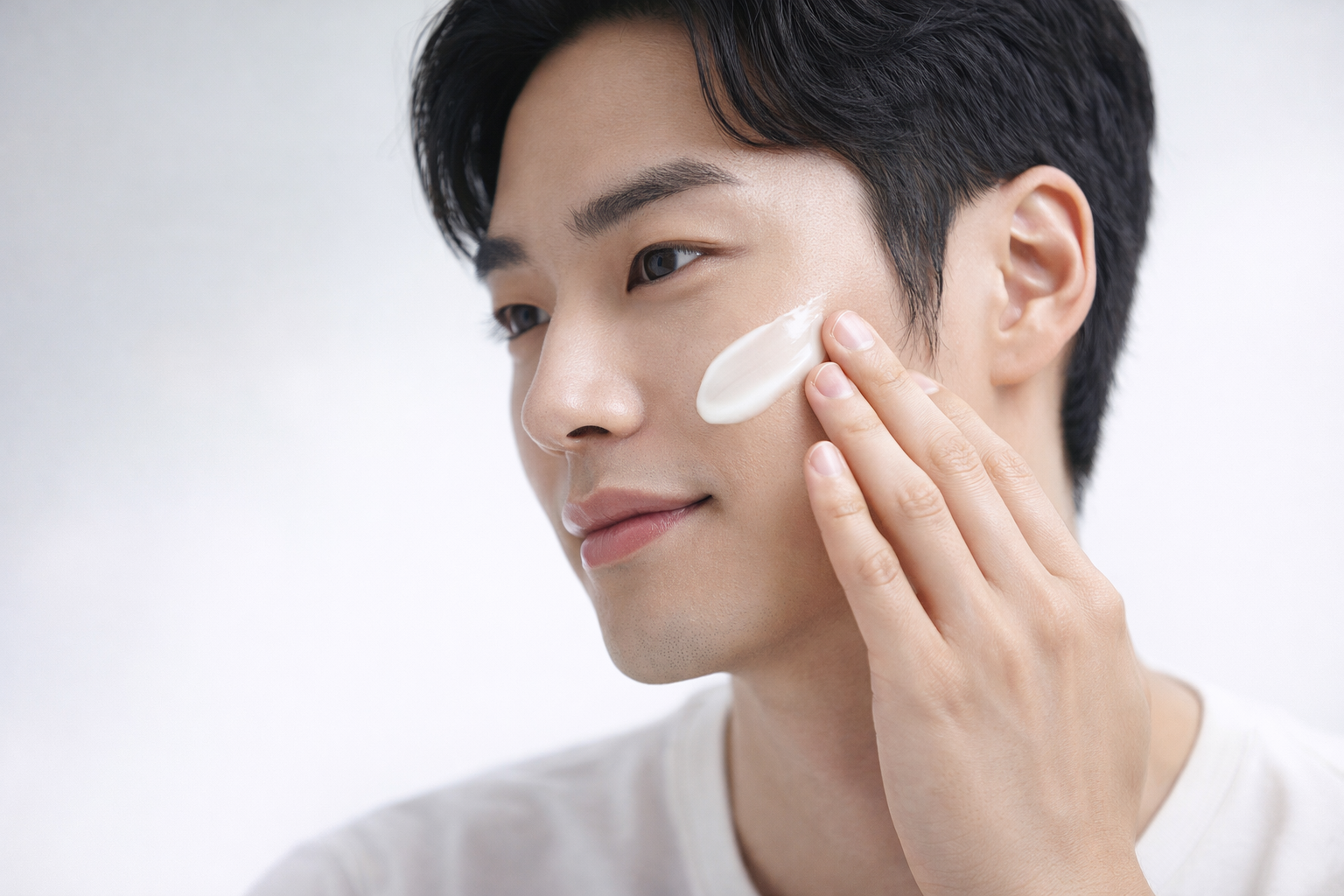 Korean male model applying LA EXOMÉ AI cream on the cheek, showcasing the smooth, lightweight texture and fast-absorbing finish of the advanced skincare formula.