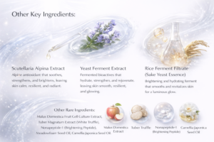 Illustration of rare botanical and fermented skincare ingredients including alpine botanicals, fermented rice essence, yeast extracts, Swiss apple stem cells, and white truffle, representing advanced skin-soothing, brightening, and rejuvenating actives.