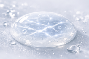 macro image of a translucent supramolecular skincare essence droplet with glowing collagen-inspired fibers and hydration bubbles on a luminous silver background.