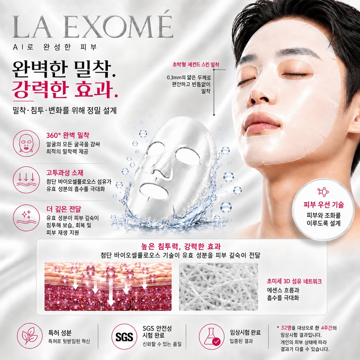 초박형 소재로 피부에 밀착되어 유효 성분의 흡수를 돕는 LA EXOMÉ Supramolecular Collagen Face Mask