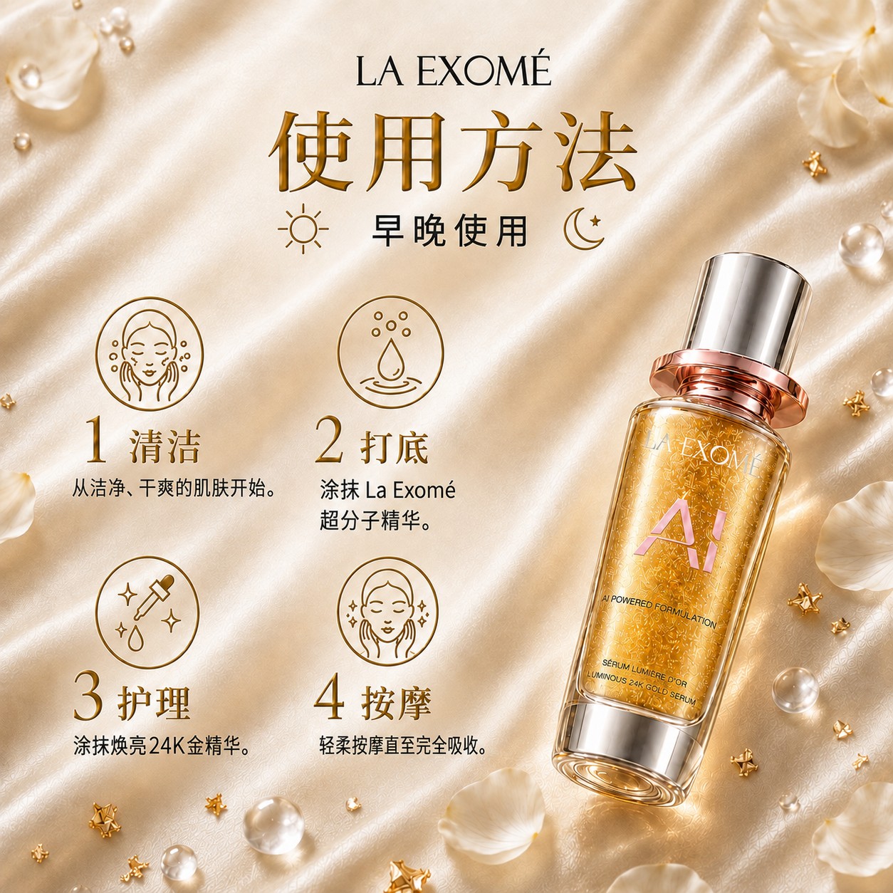 如何使用 LA EXOMÉ 24K鎏金焕亮精华:早晚在超分子焕活精华水之后使用