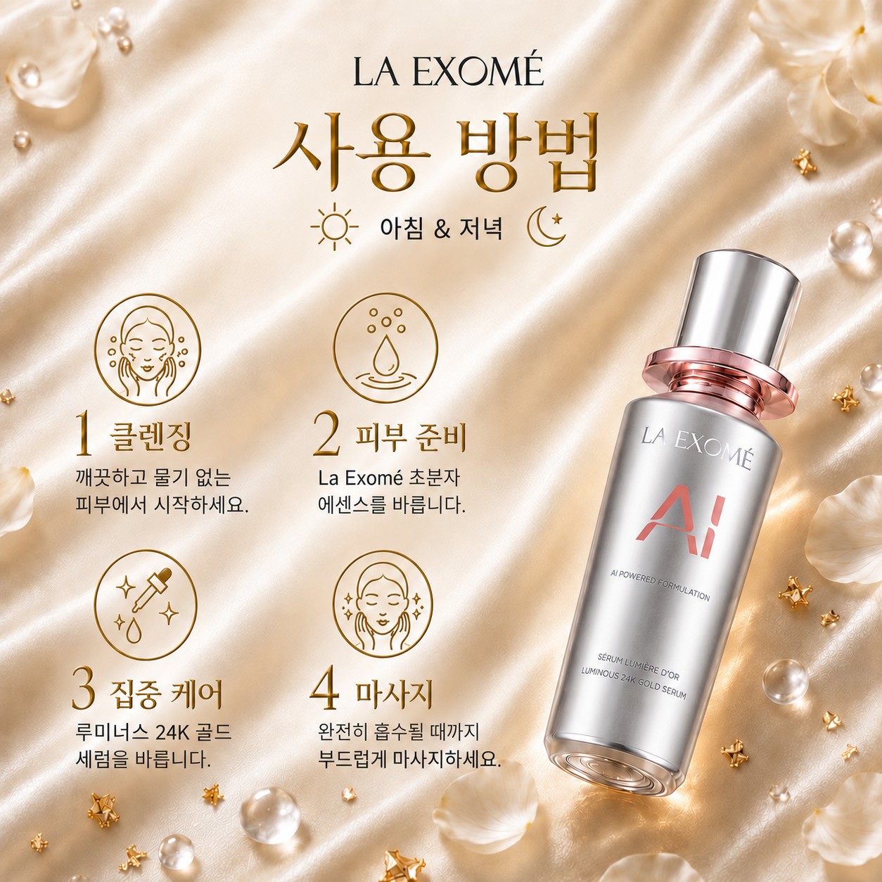 Essence 사용 후 아침과 저녁에 사용하는 LA EXOMÉ Luminous 24K Gold Anti-Aging Serum 사용법