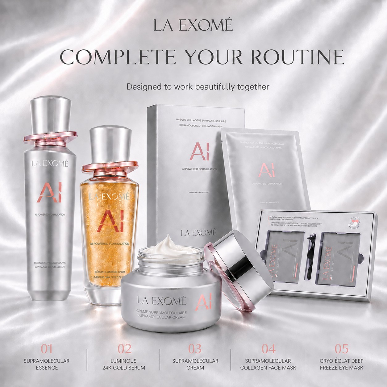 LA EXOMÉ anti-aging skincare routine with Supramolecular Essence, 24K Gold Serum, Anti-Aging Face Cream, Collagen Face Mask and Deep Freeze Eye Mask