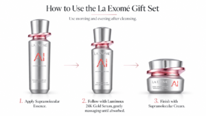 Three-step LA EXOMÉ skincare routine showing Supramolecular Essence, Luminous 24K Gold Serum, and Supramolecular Cream in order of application for morning and evening use