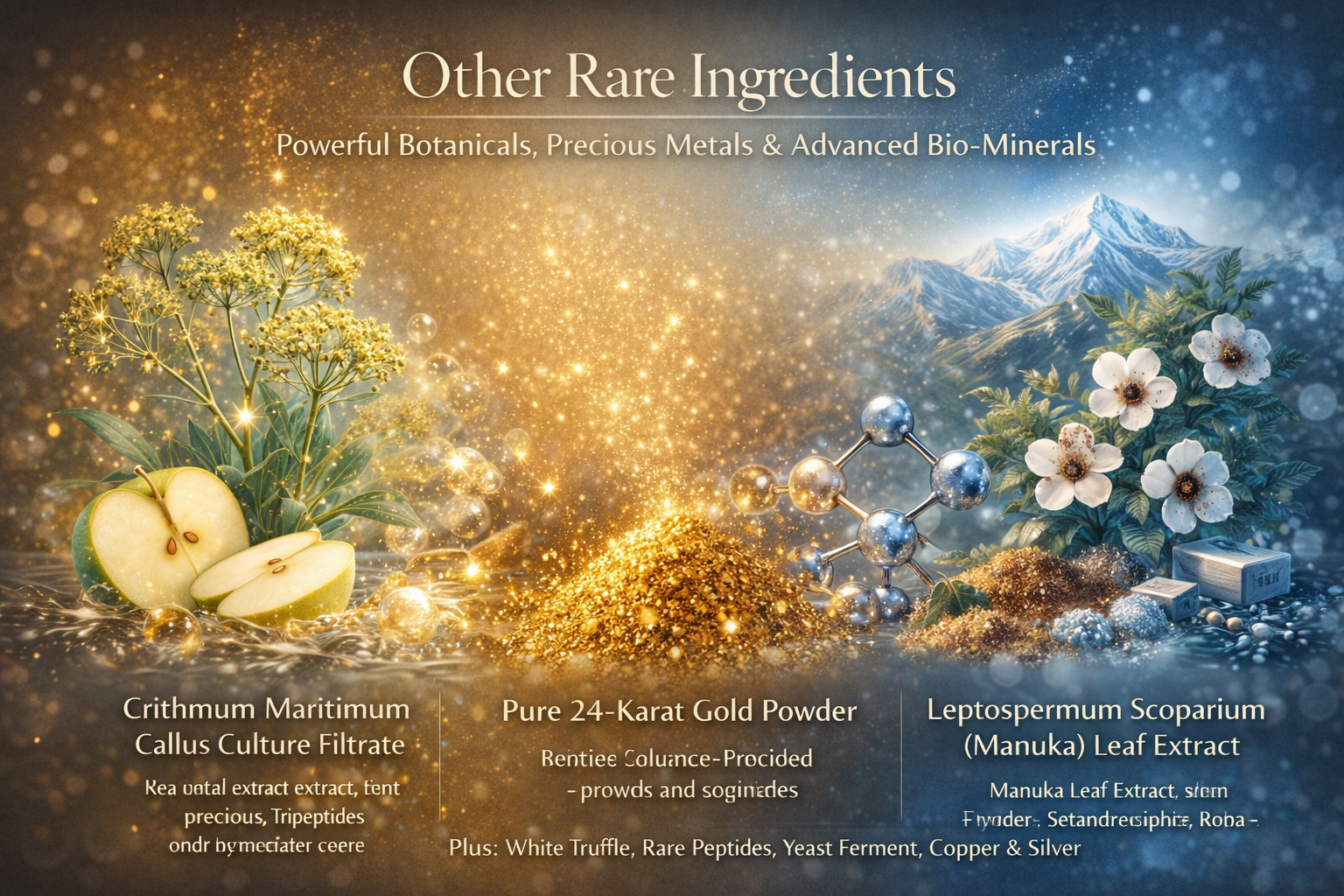 Luxury anti-aging skincare ingredients image showing AI-formulated peptides, rare botanicals, 24-karat gold, Manuka leaf extract, white truffle, copper, and silver enhancing skin radiance, firmness, hydration, and cellular renewal.