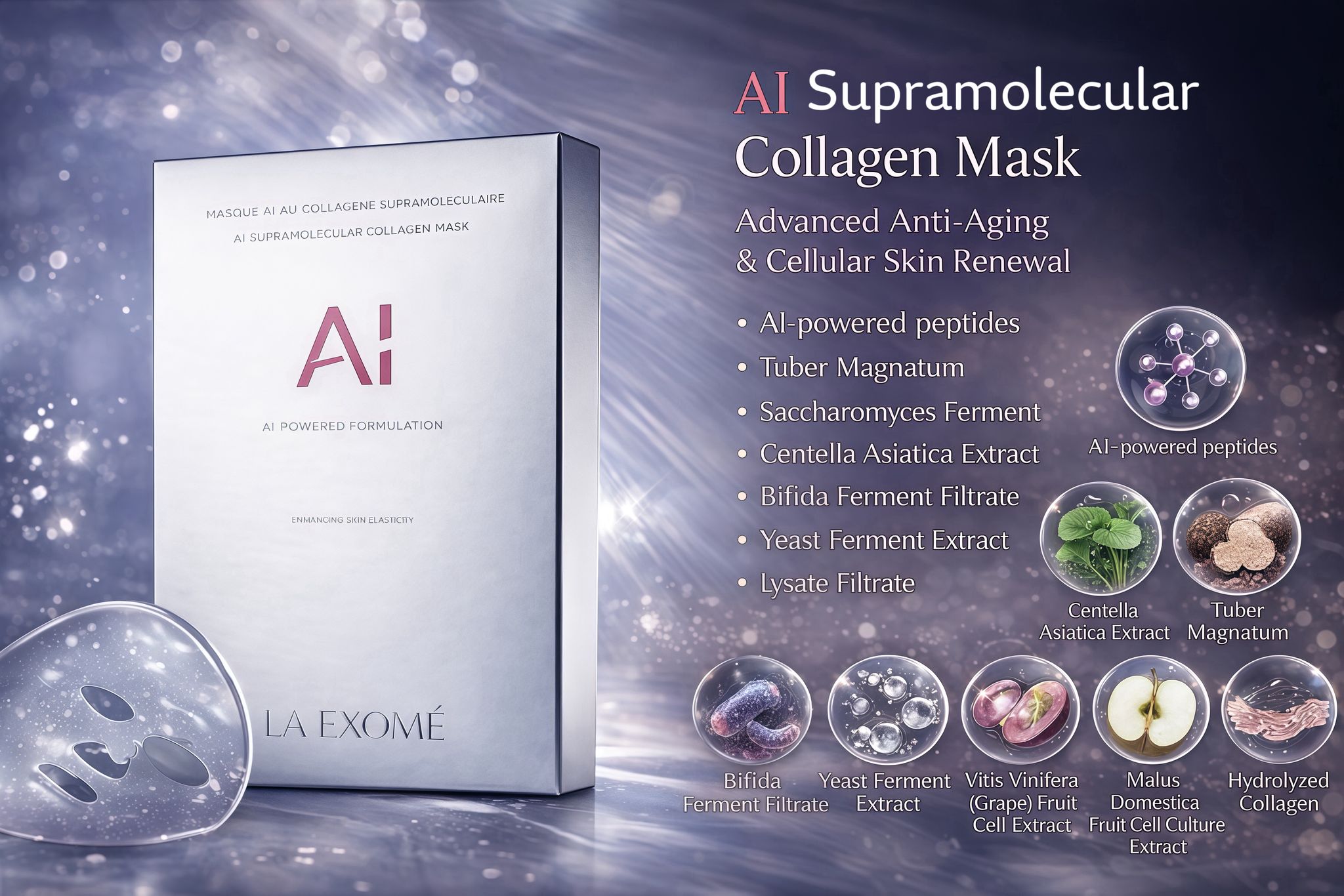 AI Supramolecular Collagen facial mask by La Exomé in premium silver packaging, designed for advanced anti-aging, skin firming, and cellular renewal.