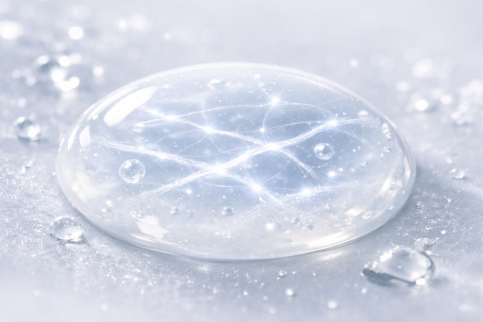 macro image of a translucent supramolecular skincare essence droplet with glowing collagen-inspired fibers and hydration bubbles on a luminous silver background.