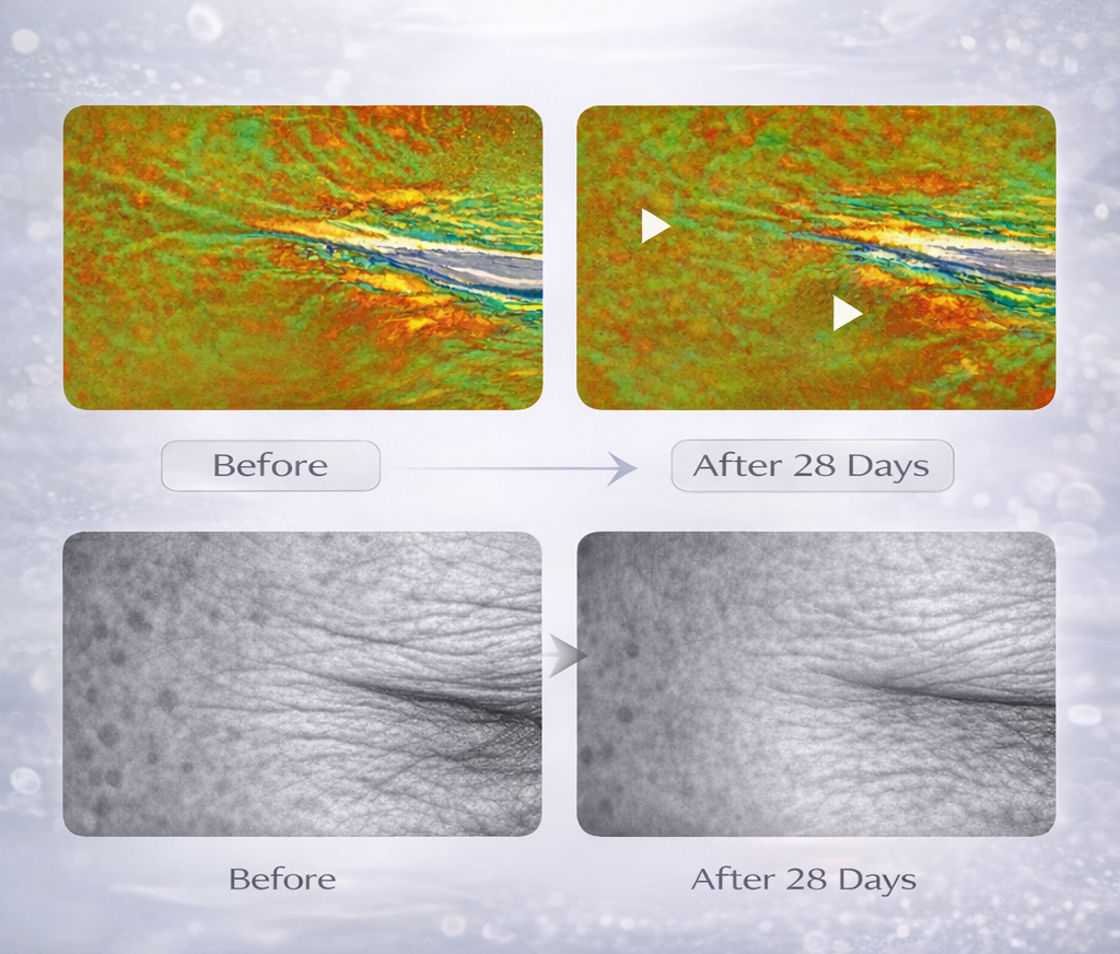 Before and after skin imaging after 28 days showing reduced wrinkle depth and smoother skin texture.