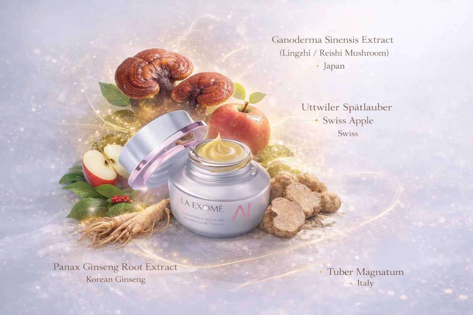 LA EXOMÉ AI cream in a horizontal layout, surrounded by Reishi mushroom, Swiss apple, Korean ginseng, and Italian white truffle, showcasing premium global ingredients and advanced skincare formulation.