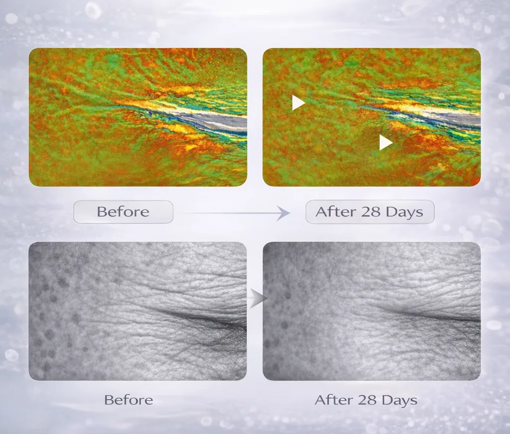 Before and after skin imaging after 28 days showing reduced wrinkle depth and smoother skin texture.